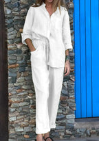 Set din două piese din bumbac și in, cu cămașă și pantaloni, de culoare solidă, cu decolteu în V