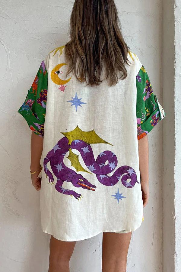 Unik Blus i Linblandning med Tryck och Shortsset med Elastisk Midja och Fickor