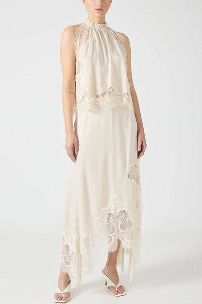 Set med plisserad spetskrage + kjol med ojämna slitsar