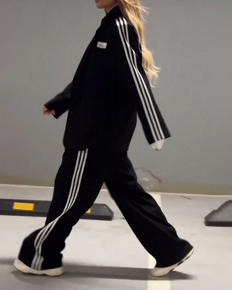 Set de două piese: Sacou cu dungi la modă și pantaloni largi