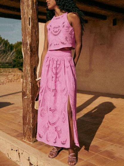 Unik ärmlös spetskort klänning med utskärningar