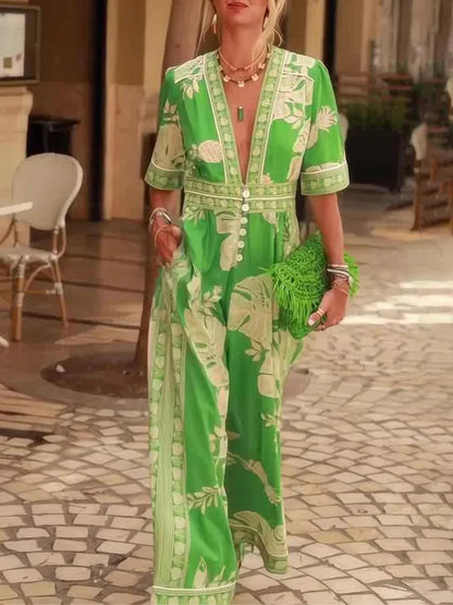 Kort jumpsuit med blommönster för semester, V-ringning