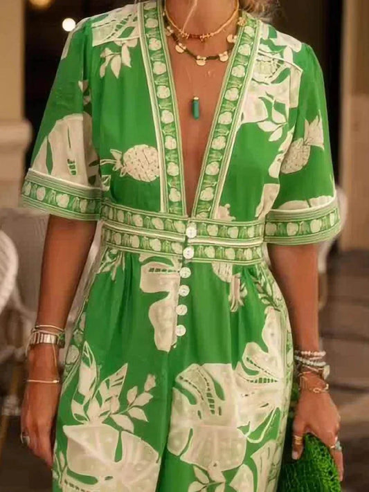 Kort jumpsuit med blommönster för semester, V-ringning