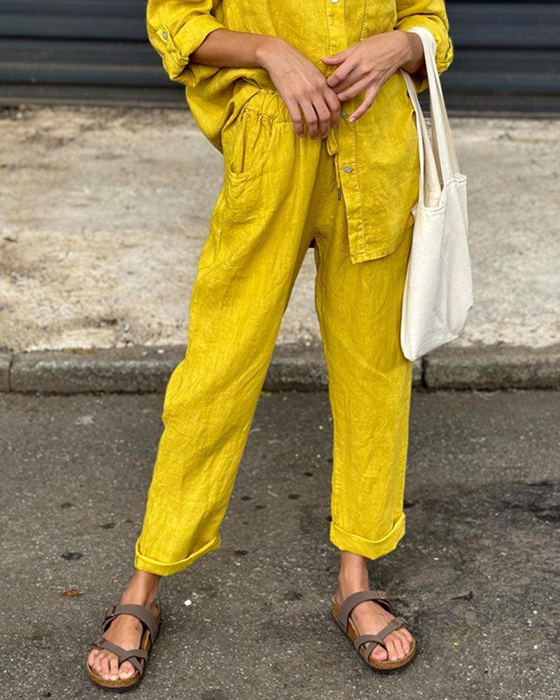 Set din două piese din bumbac și in, cu cămașă și pantaloni, de culoare solidă, cu decolteu în V