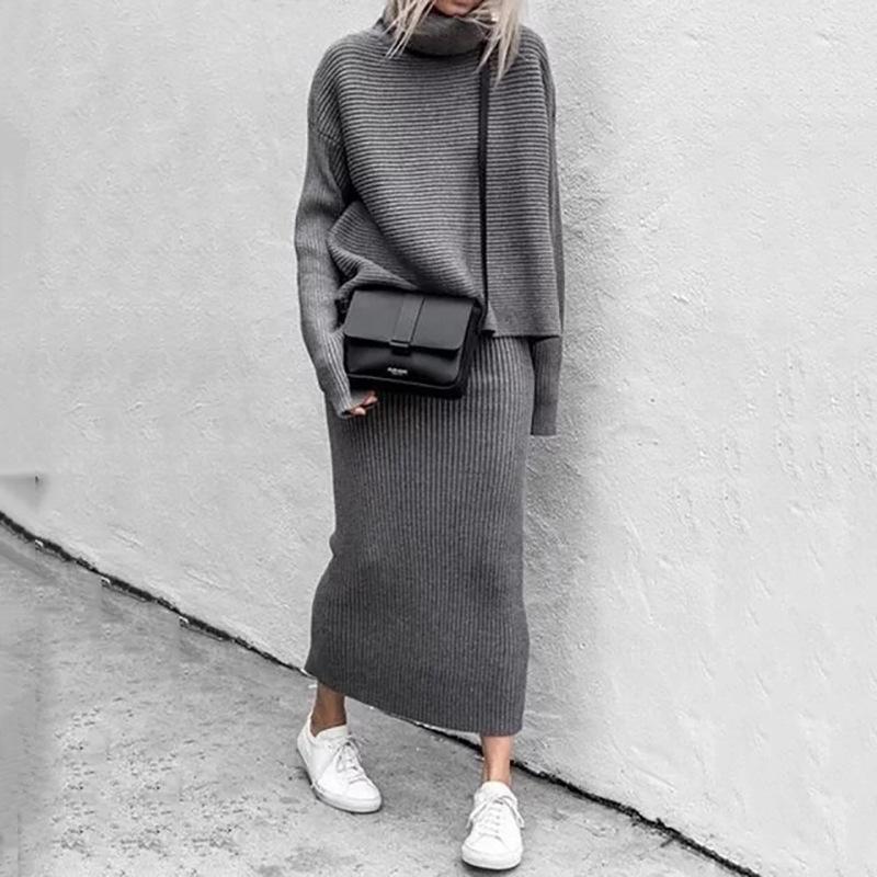 Costum Elegant și Fashion de Culoare Solidă cu Guler Înalt, din Două Piese