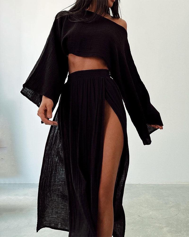 Set casual din bumbac și in cu fante elegant