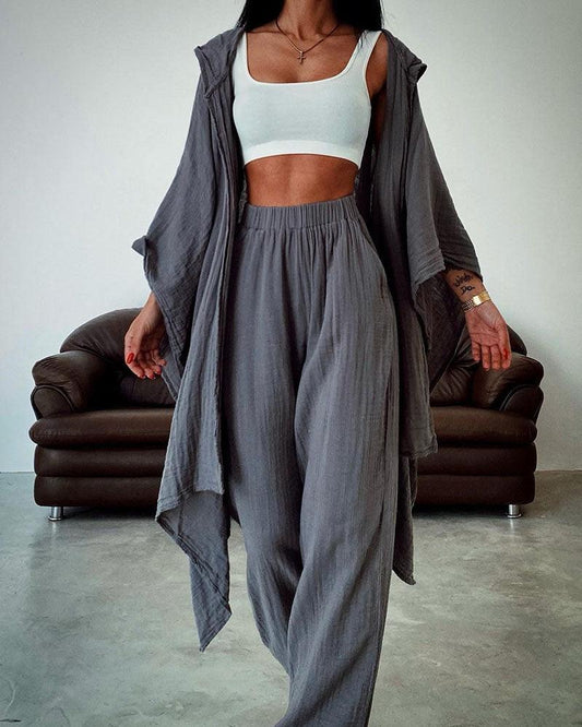 Cardigan chic med huva, set av bomull och linne, två delar