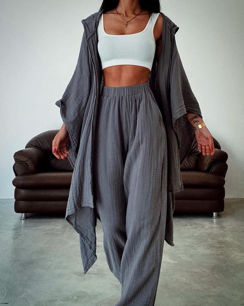 Cardigan chic cu glugă, set din bumbac și in, două piese
