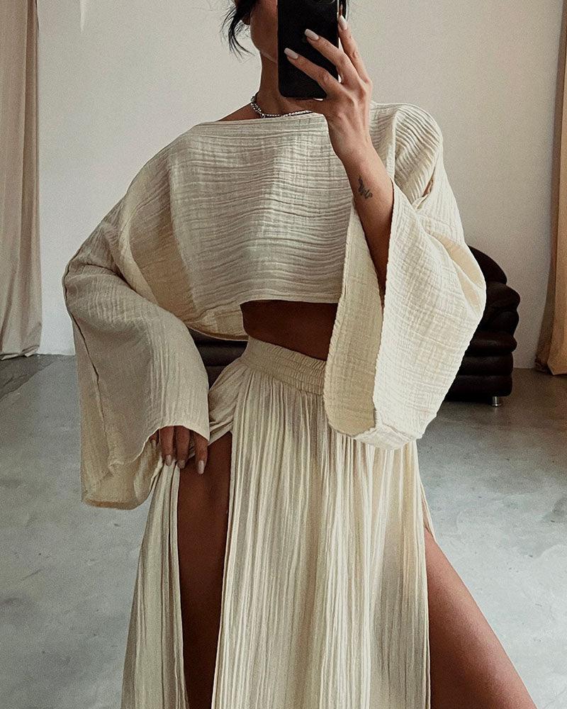 Set casual din bumbac și in cu fante elegant