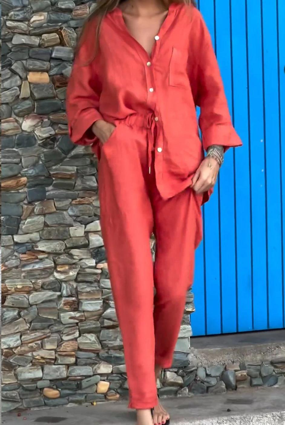 Set din două piese din bumbac și in, cu cămașă și pantaloni, de culoare solidă, cu decolteu în V