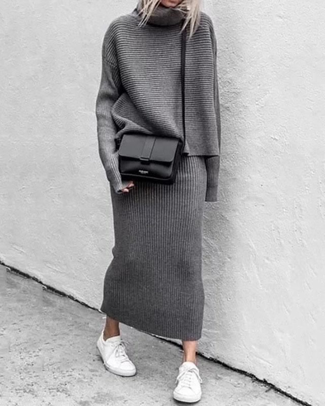 Costum Elegant și Fashion de Culoare Solidă cu Guler Înalt, din Două Piese
