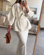 Set de două piese cu top și fustă V-neck de culoare solidă