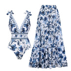 Costum de baie cu decolteu în V, cu dantelă și fustă01