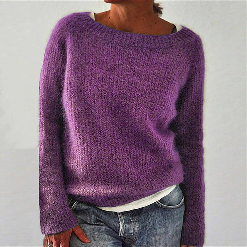 Pulover casual din material moale, cu guler rotund