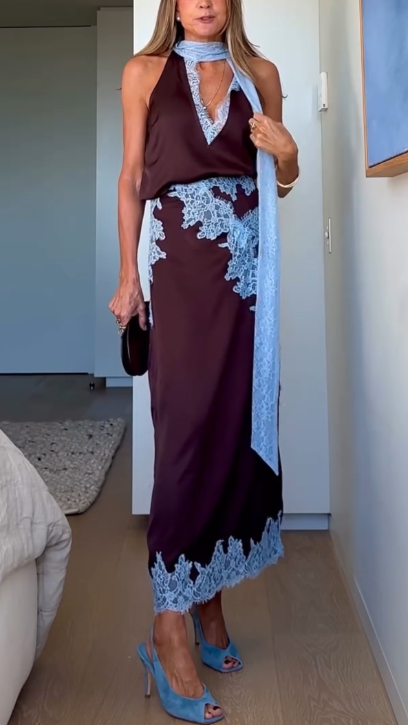 Costum Elegant cu Top din Dantelă Maro și Albastru + Fustă
