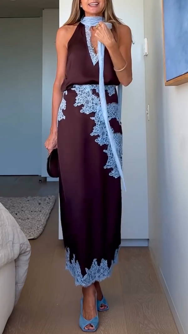 Costum Elegant cu Top din Dantelă Maro și Albastru + Fustă