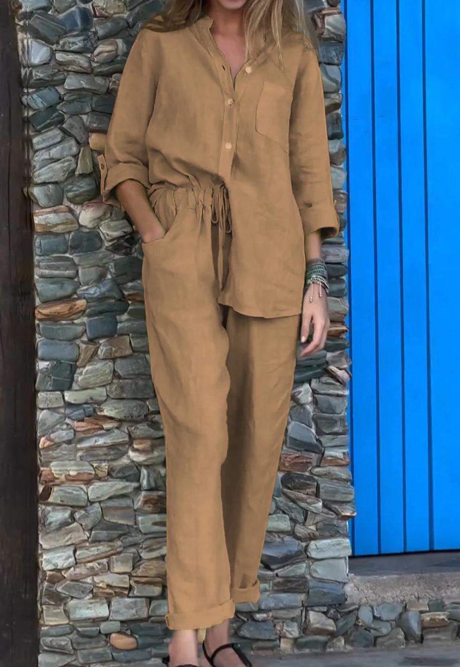Set din două piese din bumbac și in, cu cămașă și pantaloni, de culoare solidă, cu decolteu în V