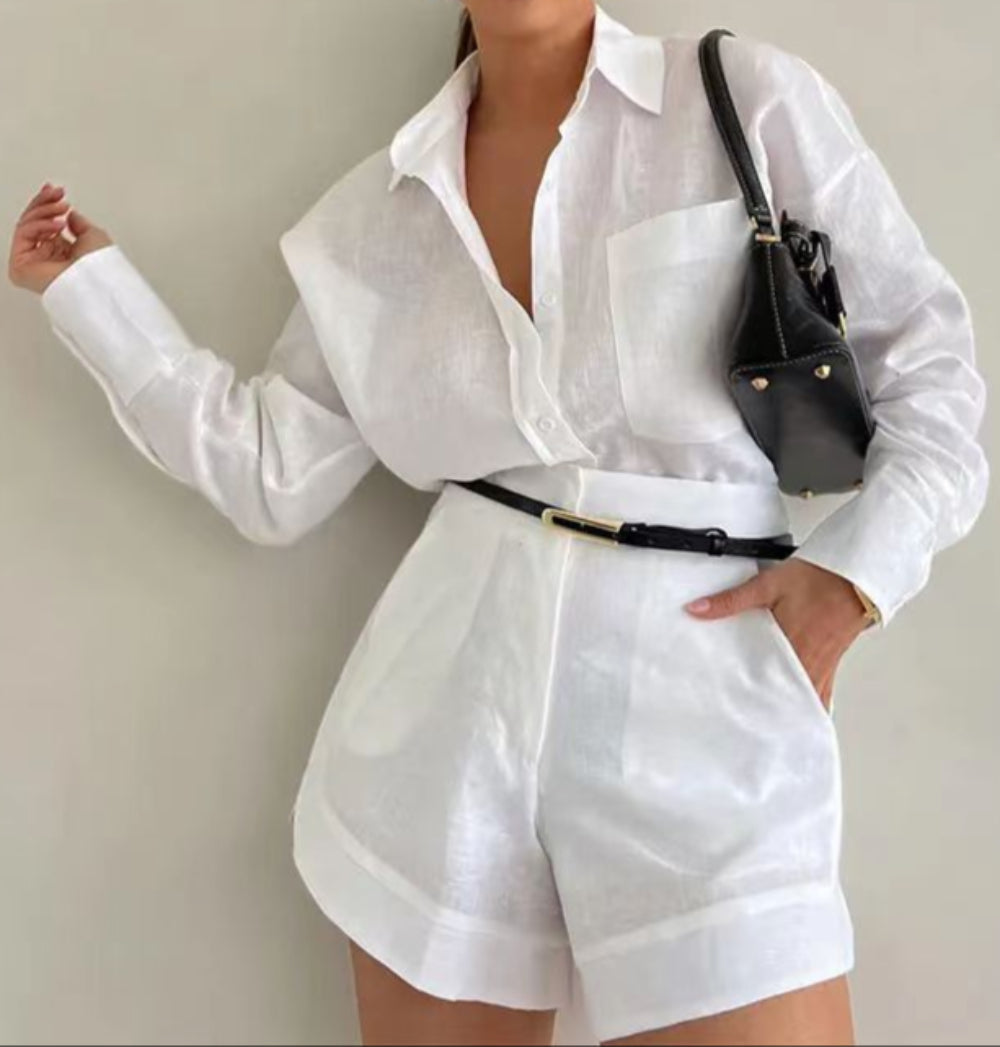 Set de pantaloni scurți cu mânecă lungă, din bumbac și in, lejer