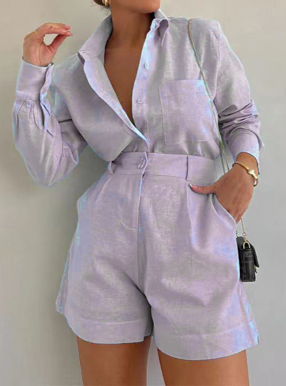 Set med kortbyxor med lång ärm, i bomull och linne, avslappnad