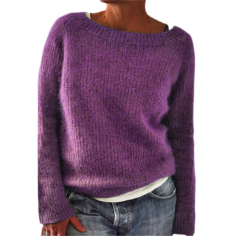 Pulover casual din material moale, cu guler rotund