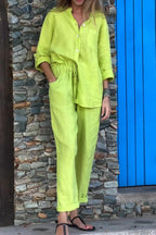 Set din două piese din bumbac și in, cu cămașă și pantaloni, de culoare solidă, cu decolteu în V