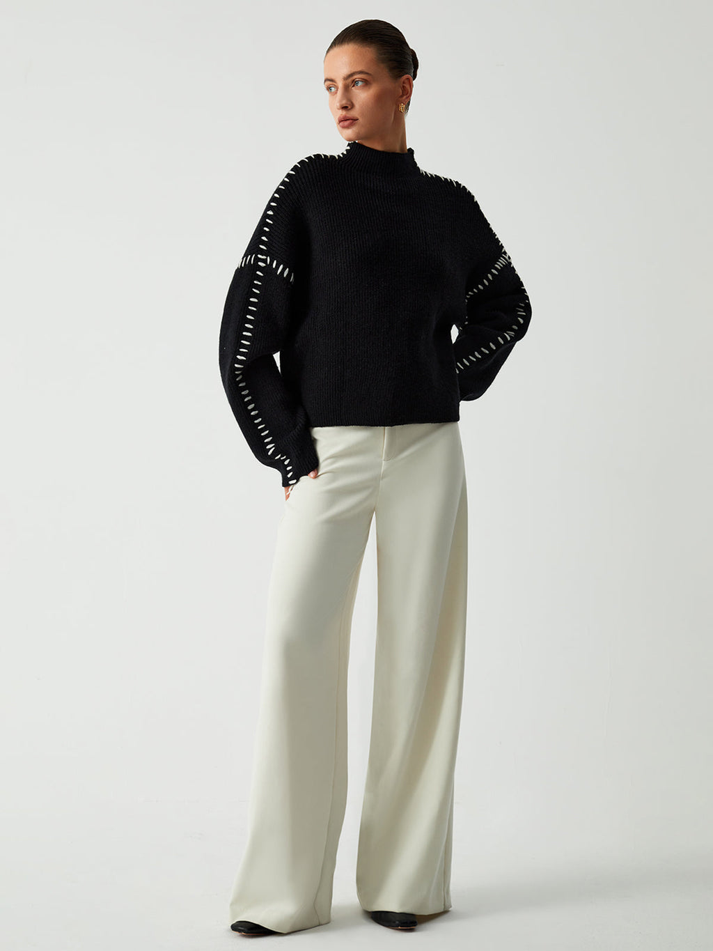 Alma | Pulover Oversize-Dolcevita cu Detalii Piqué