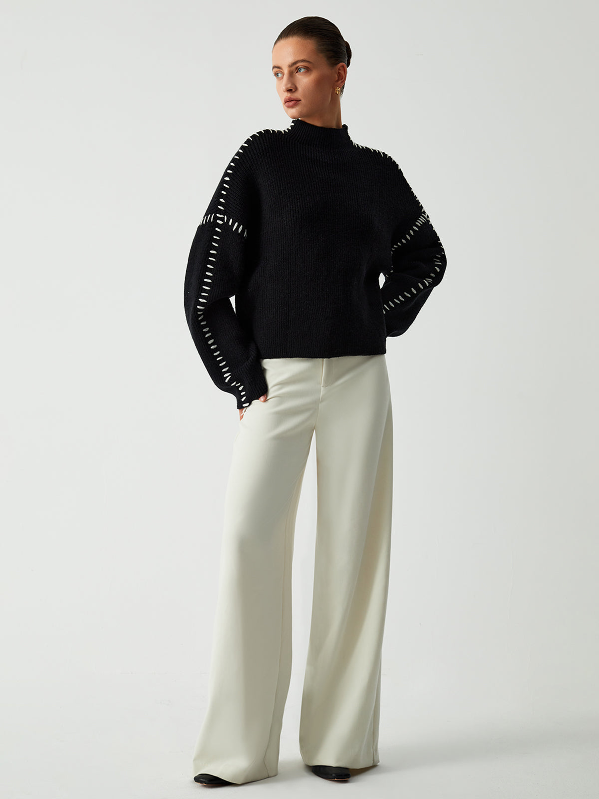 Alma | Pulover Oversize-Dolcevita cu Detalii Piqué