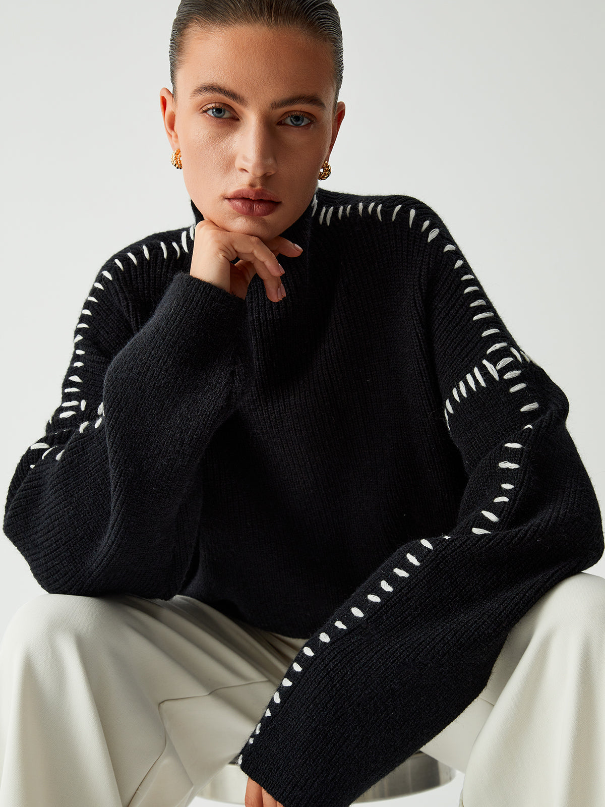 Alma | Pulover Oversize-Dolcevita cu Detalii Piqué