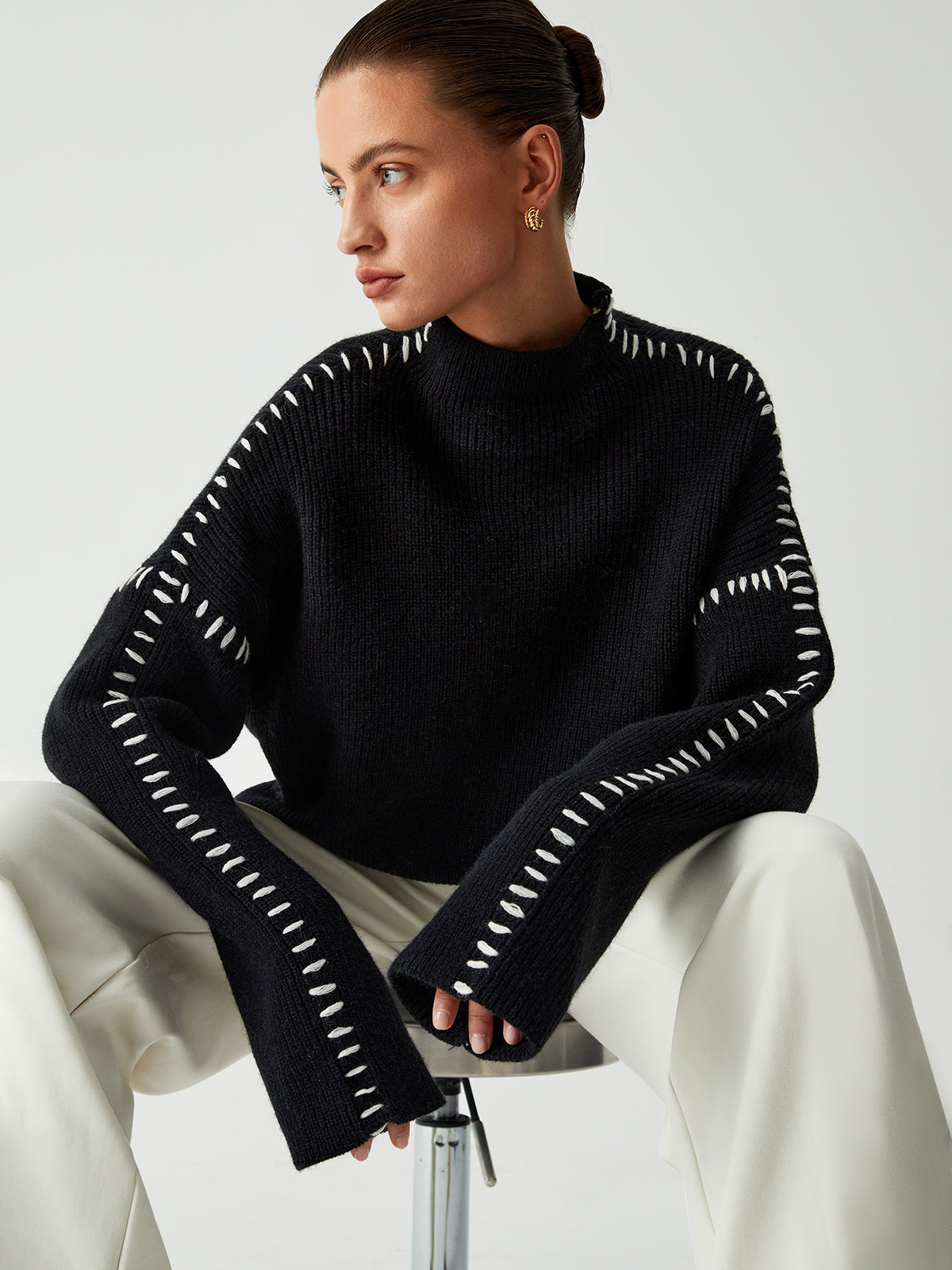 Alma | Pulover Oversize-Dolcevita cu Detalii Piqué