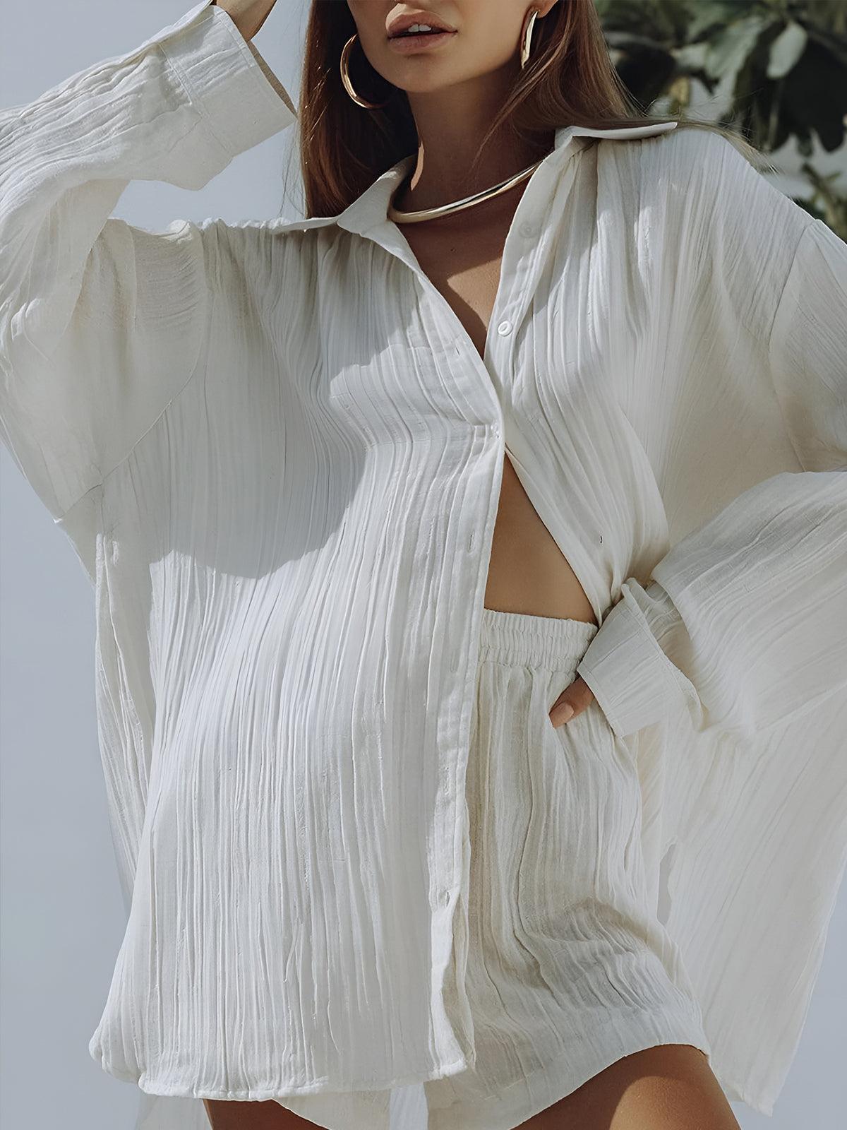 Set med shorts med fickor och snöre i bomullsblandning