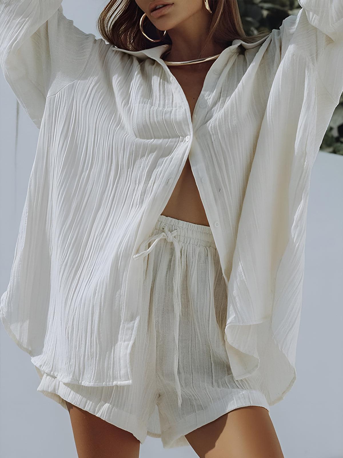 Set med shorts med fickor och snöre i bomullsblandning