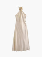 Rochie Midi Halter cu Decor de Satin