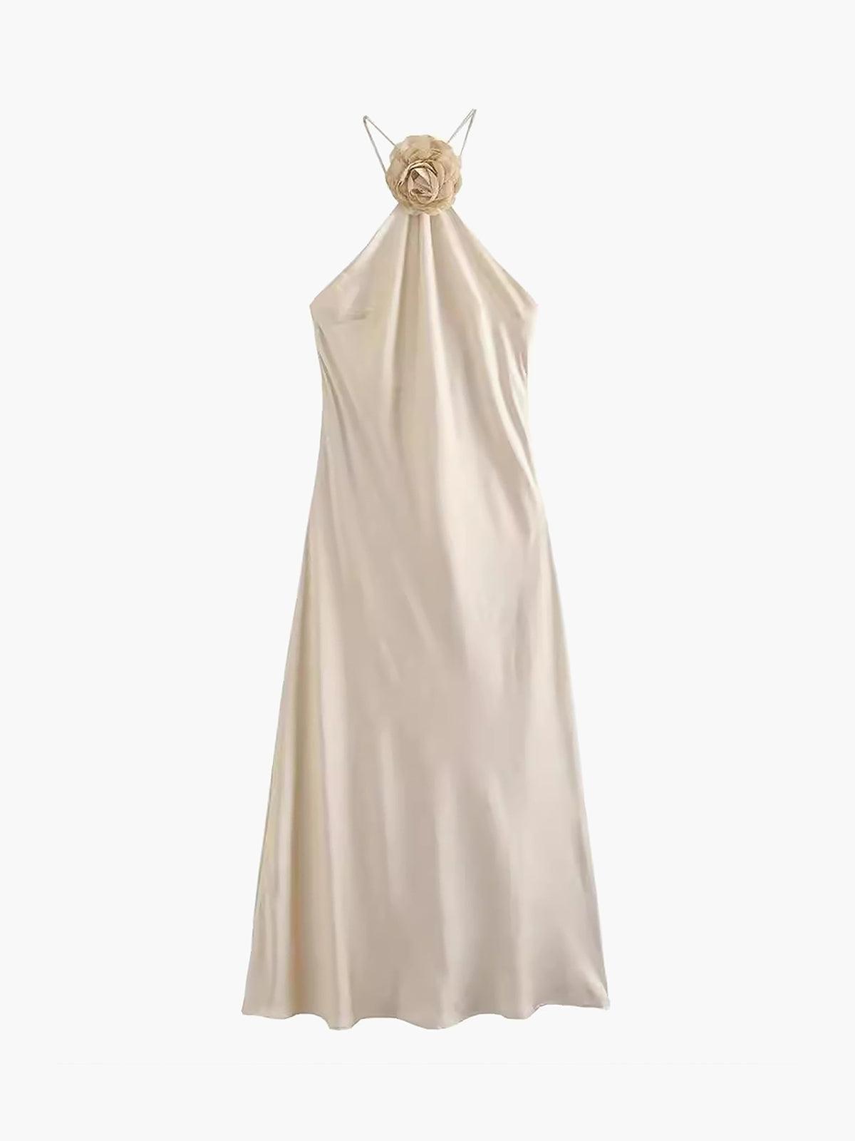 Rochie Midi Halter cu Decor de Satin