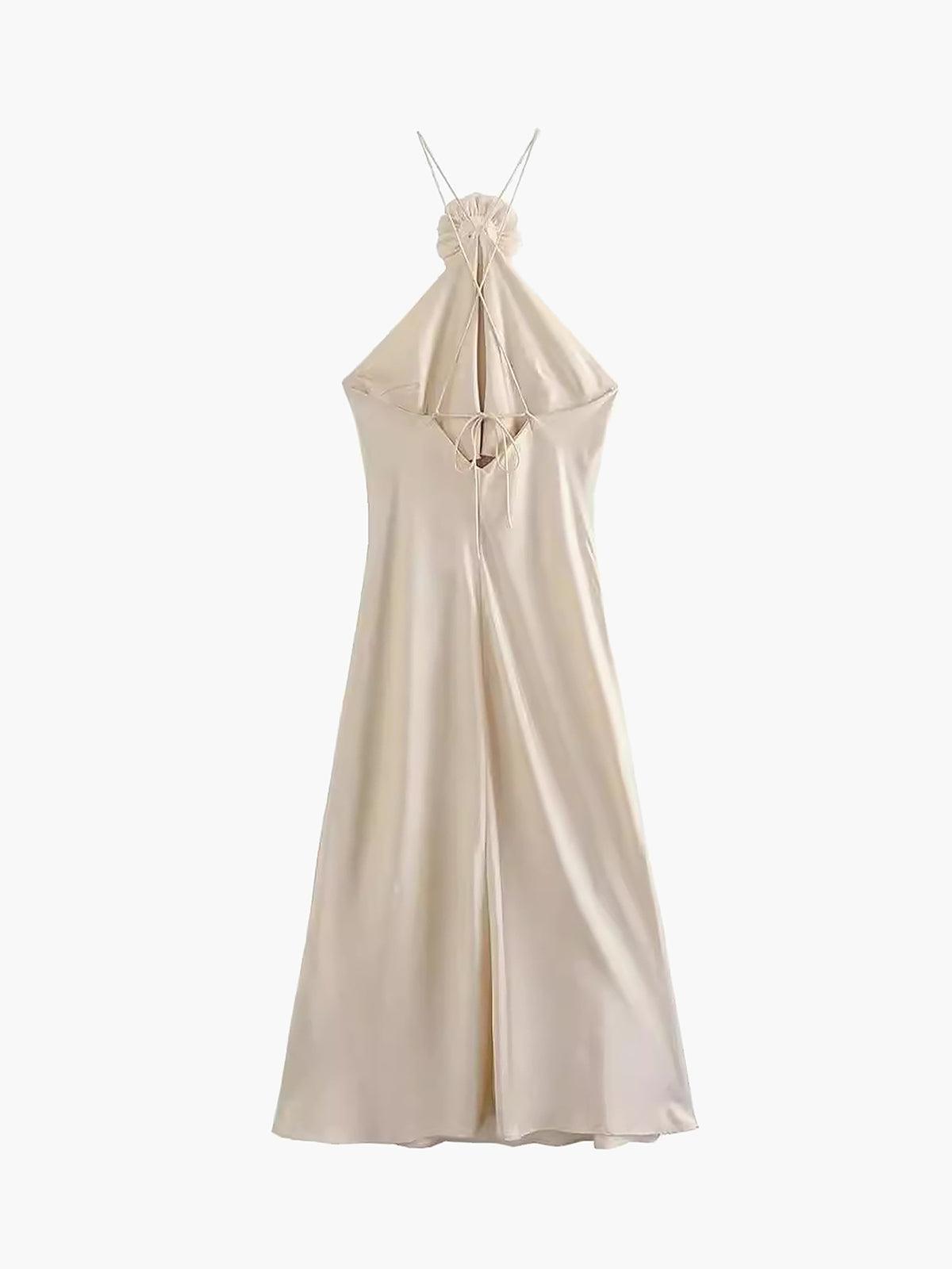 Rochie Midi Halter cu Decor de Satin