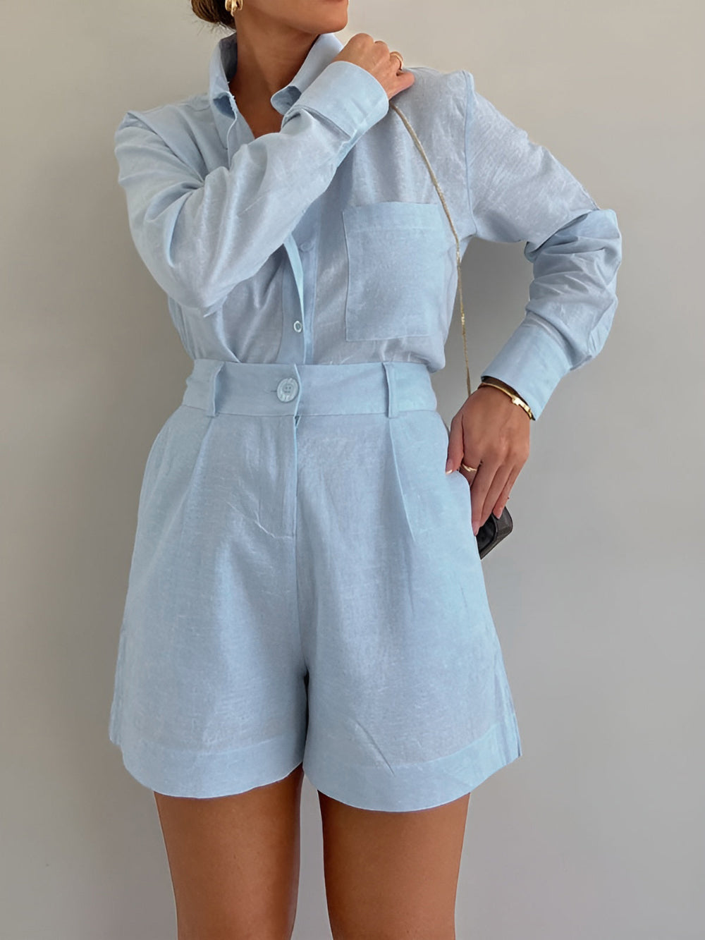 Set de pantaloni scurți cu mânecă lungă, din bumbac și in, lejer