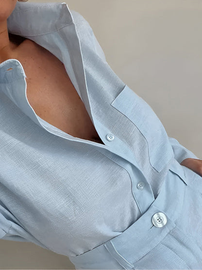 Set med kortbyxor med lång ärm, i bomull och linne, avslappnad