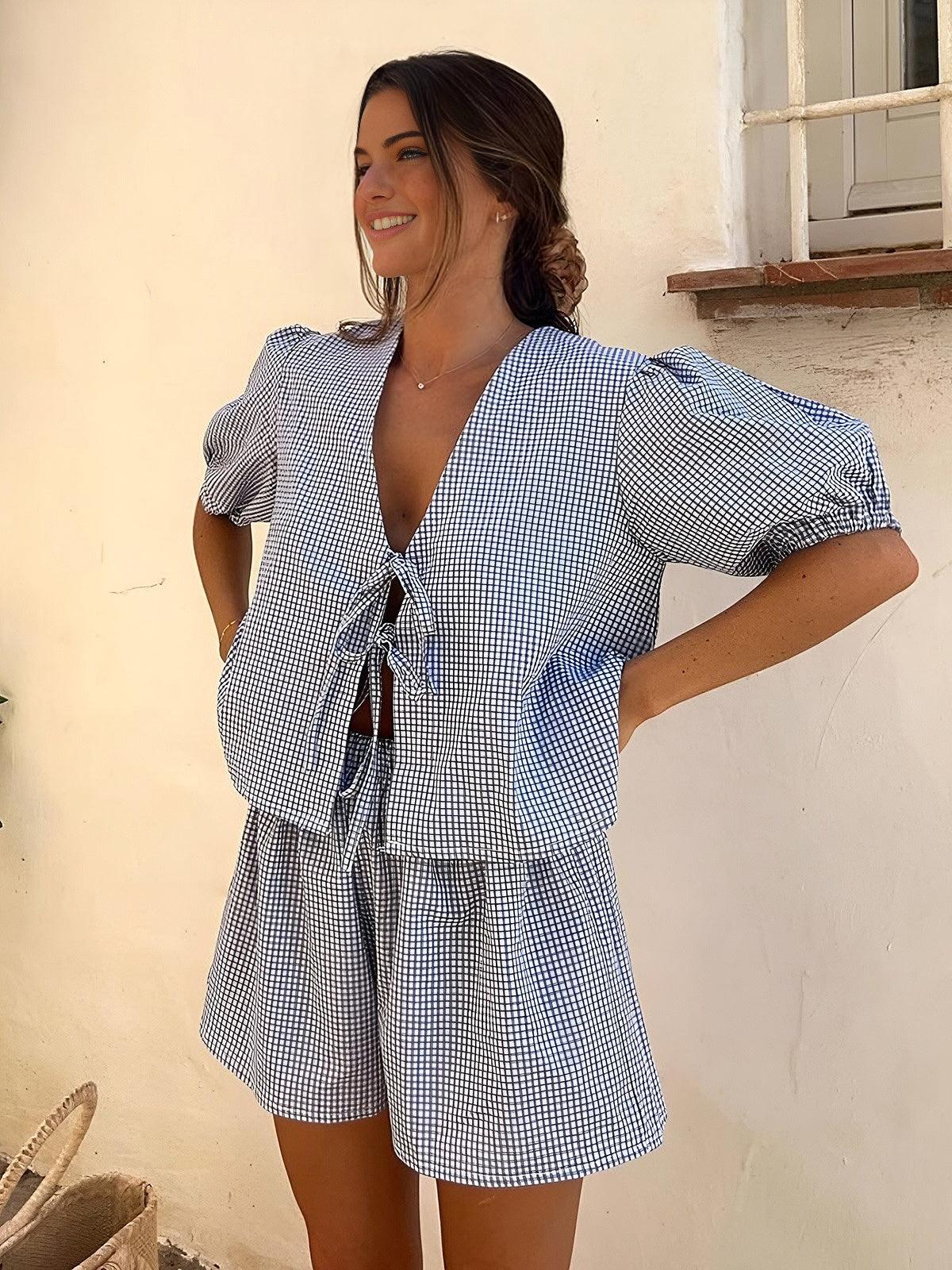 Set de pantaloni scurți cu dantelă în carouri