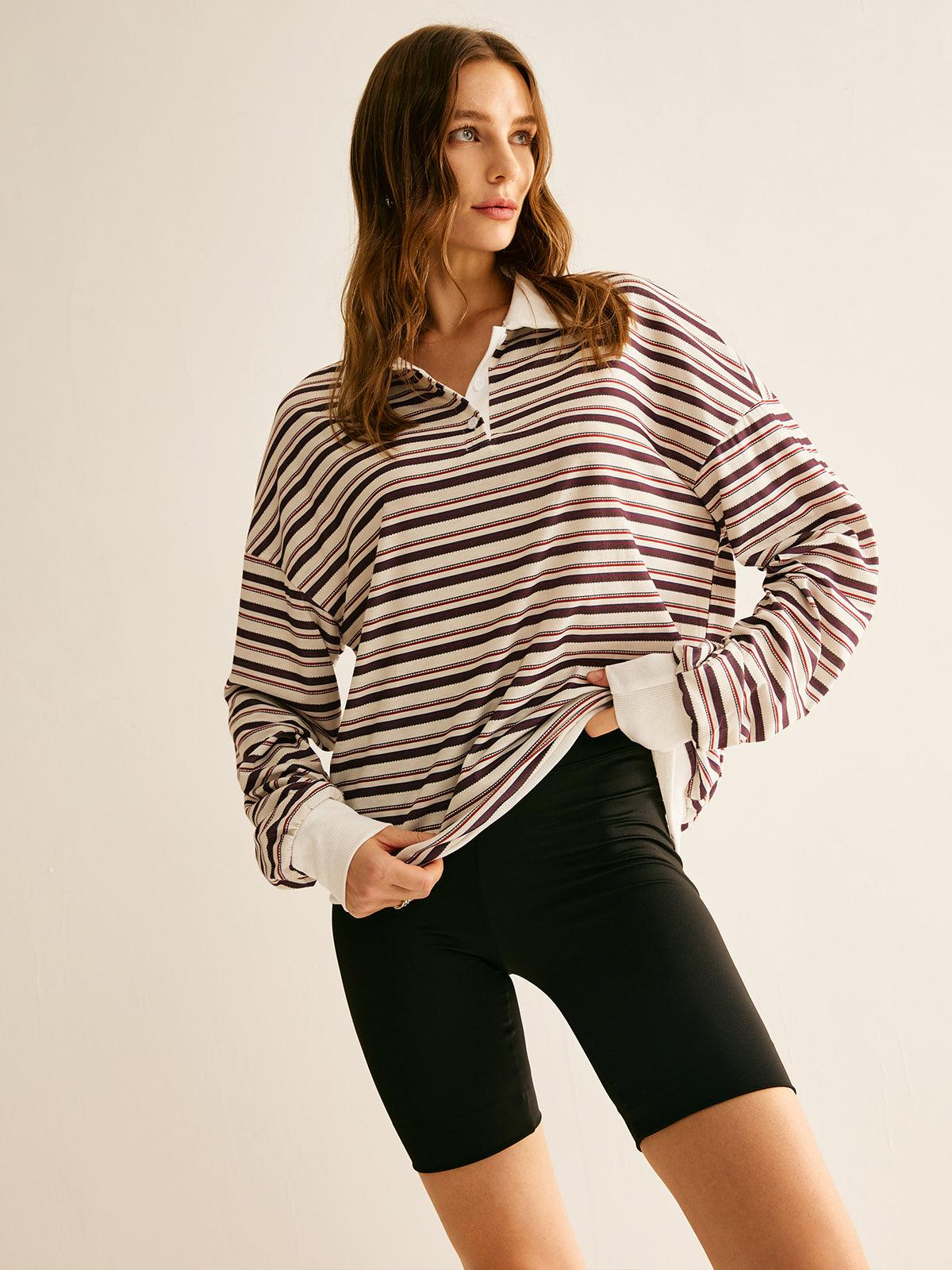 Polo Sweatshirt cu Dungi și Detalii Contrastante