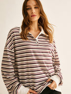 Polo Sweatshirt cu Dungi și Detalii Contrastante