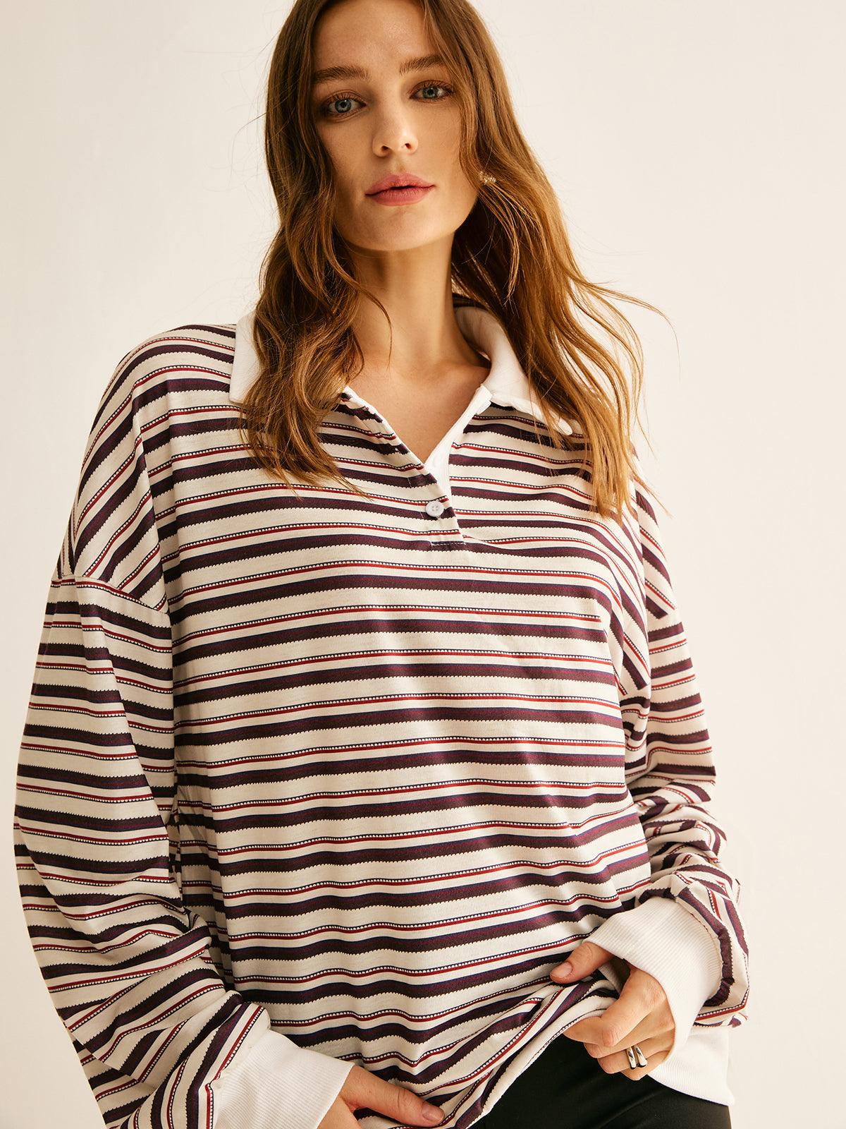 Polo Sweatshirt cu Dungi și Detalii Contrastante