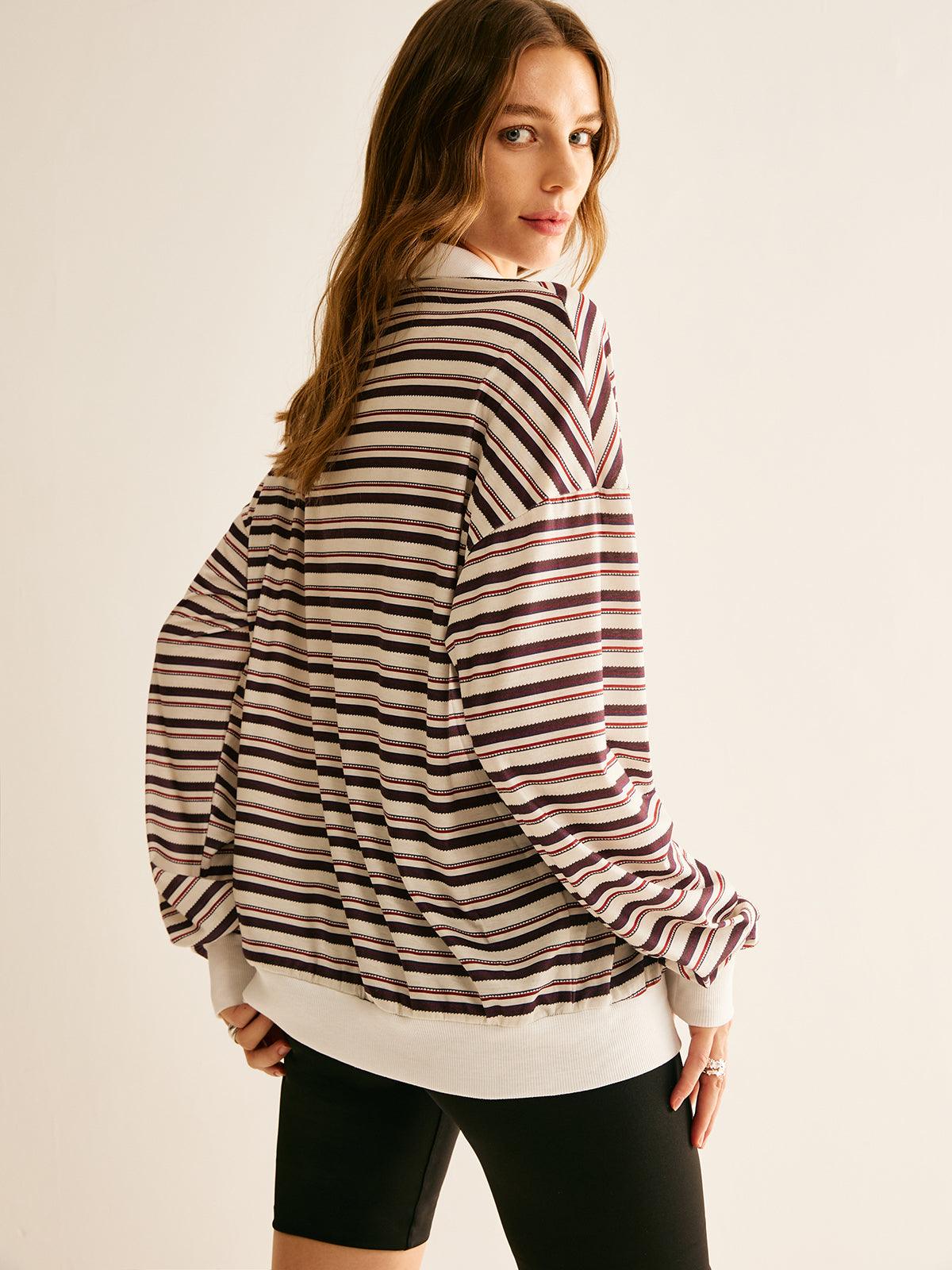 Polo Sweatshirt cu Dungi și Detalii Contrastante