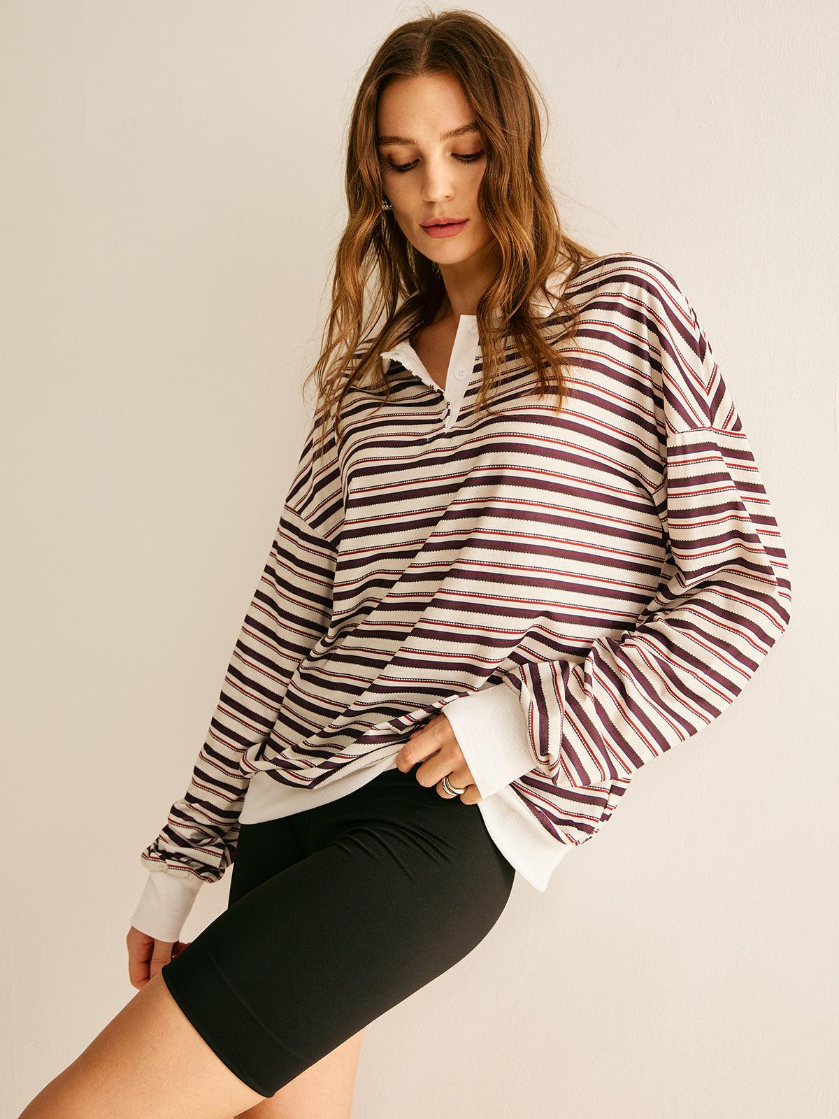 Polo Sweatshirt cu Dungi și Detalii Contrastante