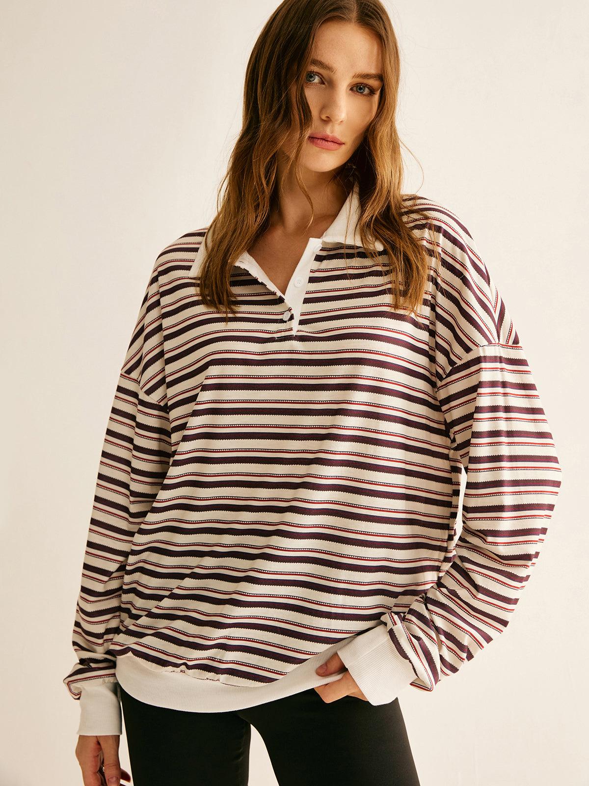 Polo Sweatshirt cu Dungi și Detalii Contrastante