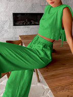 Set de pantaloni largi din in, două piese