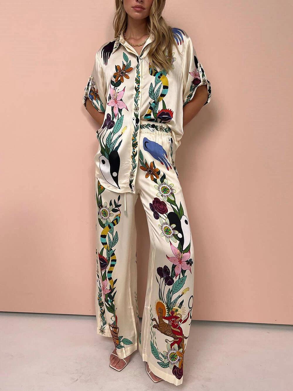 Set cămașă și pantaloni din satin cu imprimeu unic