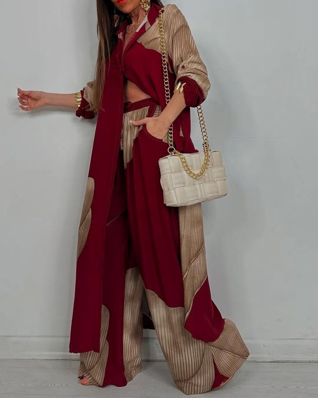 Set casual format med blus med V-ringning och byxor för kvinnor