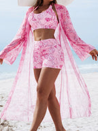 Costum de baie din trei piese, imprimat multicolor