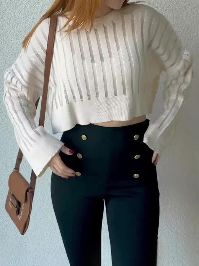 Pulover Elegant cu Guler Rotund și Decupaj