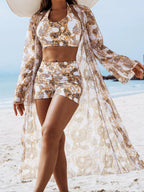 Costum de baie din trei piese, imprimat multicolor