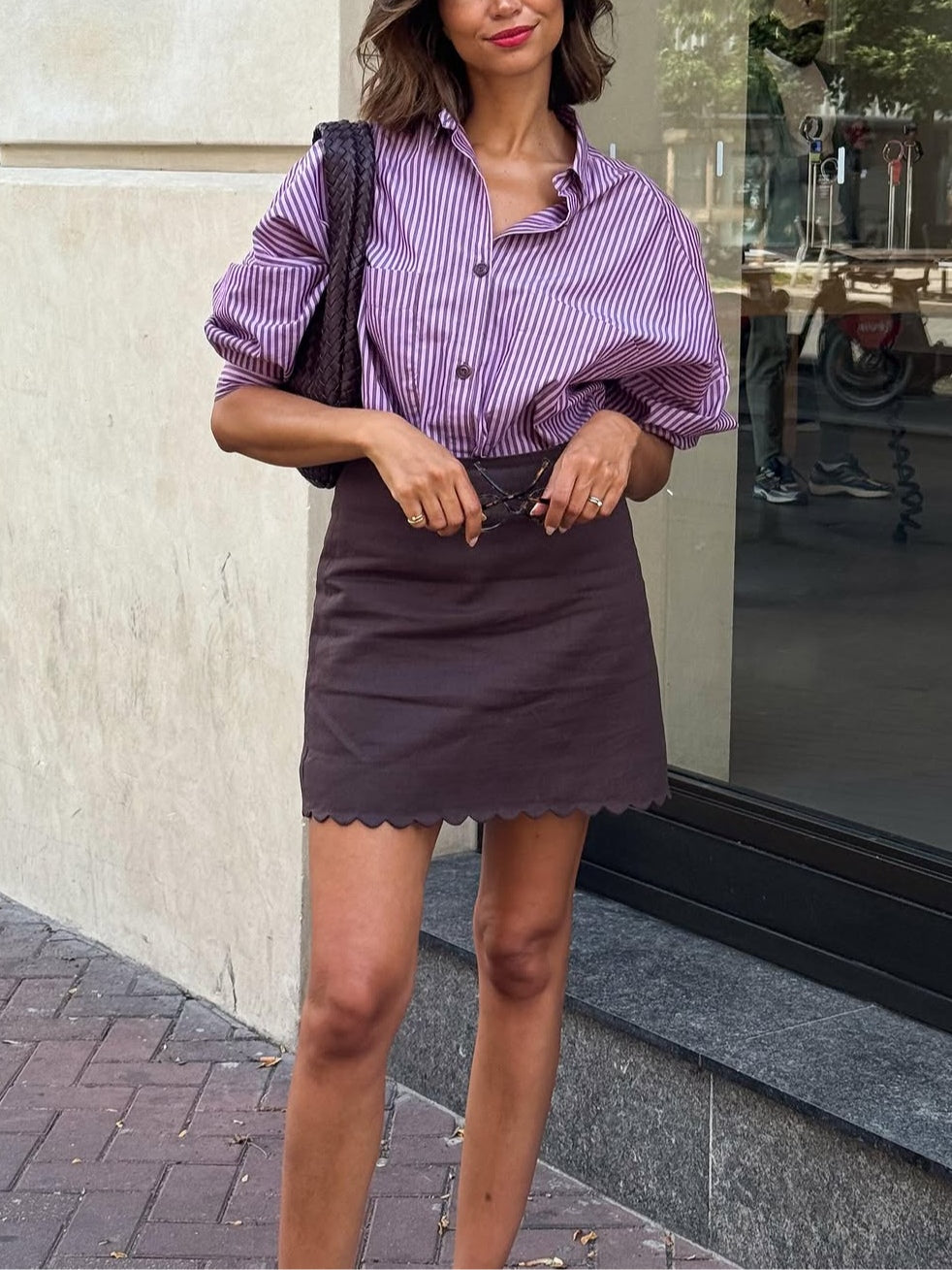 Set cămașă și fustă cu dungi violet
